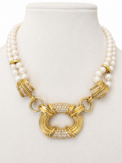 Vintage 1950's South Sea Pearl & Diamond Necklace in 18K Yellow Gold