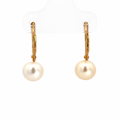 14K Yellow Gold Button Pearl Lever-Back Drop Earrings