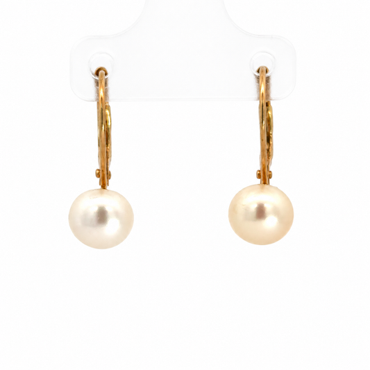 14K Yellow Gold Button Pearl Lever-Back Drop Earrings