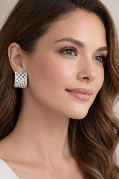 Vintage 1980s 18K White Gold Diamond Lattice Hoop Earrings