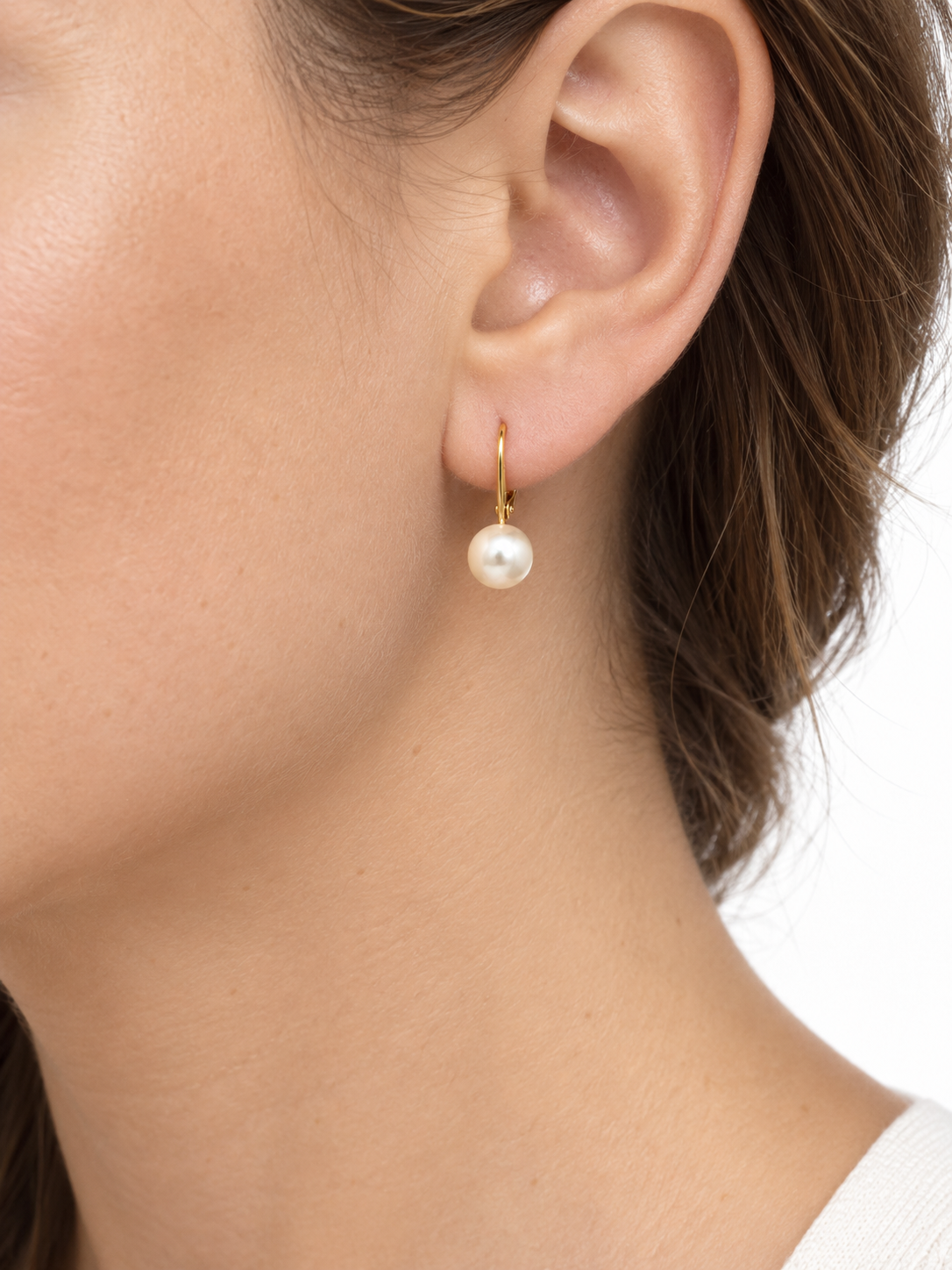 14K Yellow Gold Button Pearl Lever-Back Drop Earrings