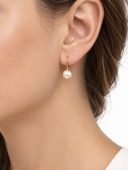 14K Yellow Gold Button Pearl Lever-Back Drop Earrings
