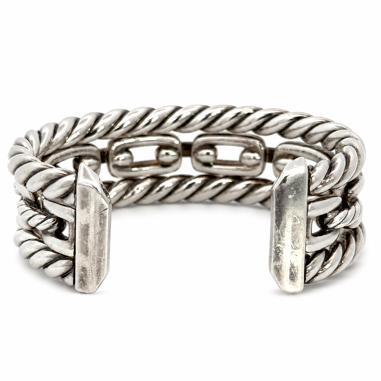 David Yurman Wellesley Link Collection Three-Row Sterling Silver Diamond Wide Cuff Bangle