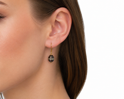 Vintage 14K Yellow Gold Black Pearl & Cubic Zirconia Drop Earrings