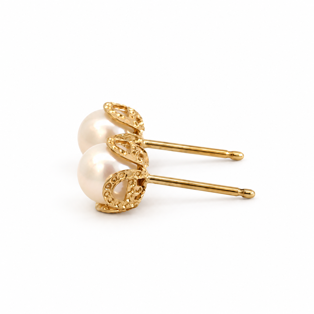 14K Yellow Gold Pearl Bud Floral Stud Earrings