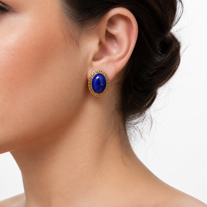Vintage 14K Yellow Gold Lapis Lazuli Greek Key Motif Earrings