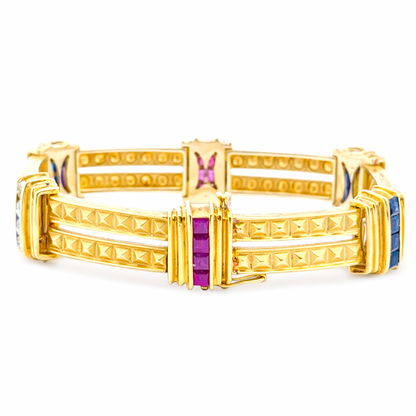 18K Yellow Gold Gemstone Bracelet with Diamonds, Rubies & Sapphires