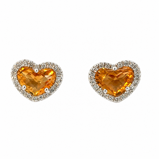 Vintage 14K Yellow Gold Citrine Heart & Diamond Halo Stud Earrings