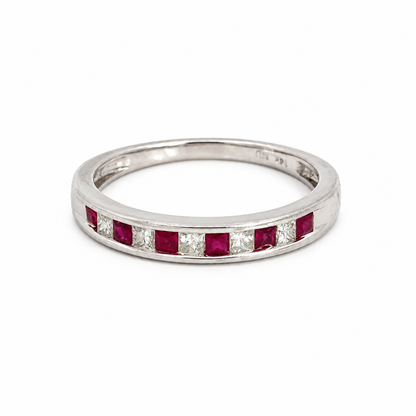 14K White Gold Alternating Ruby & Diamond Band
