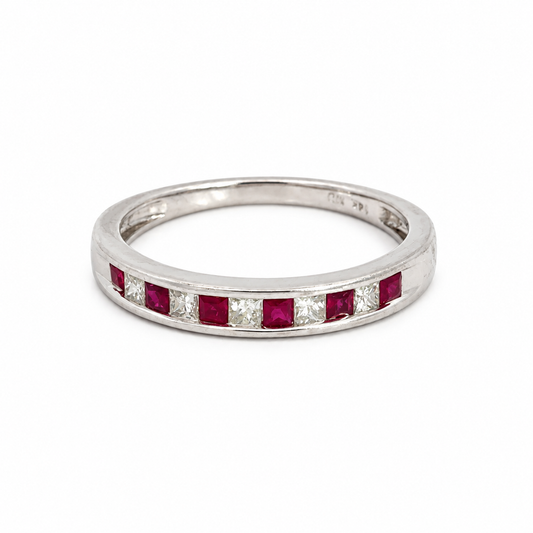 14K White Gold Alternating Ruby & Diamond Band