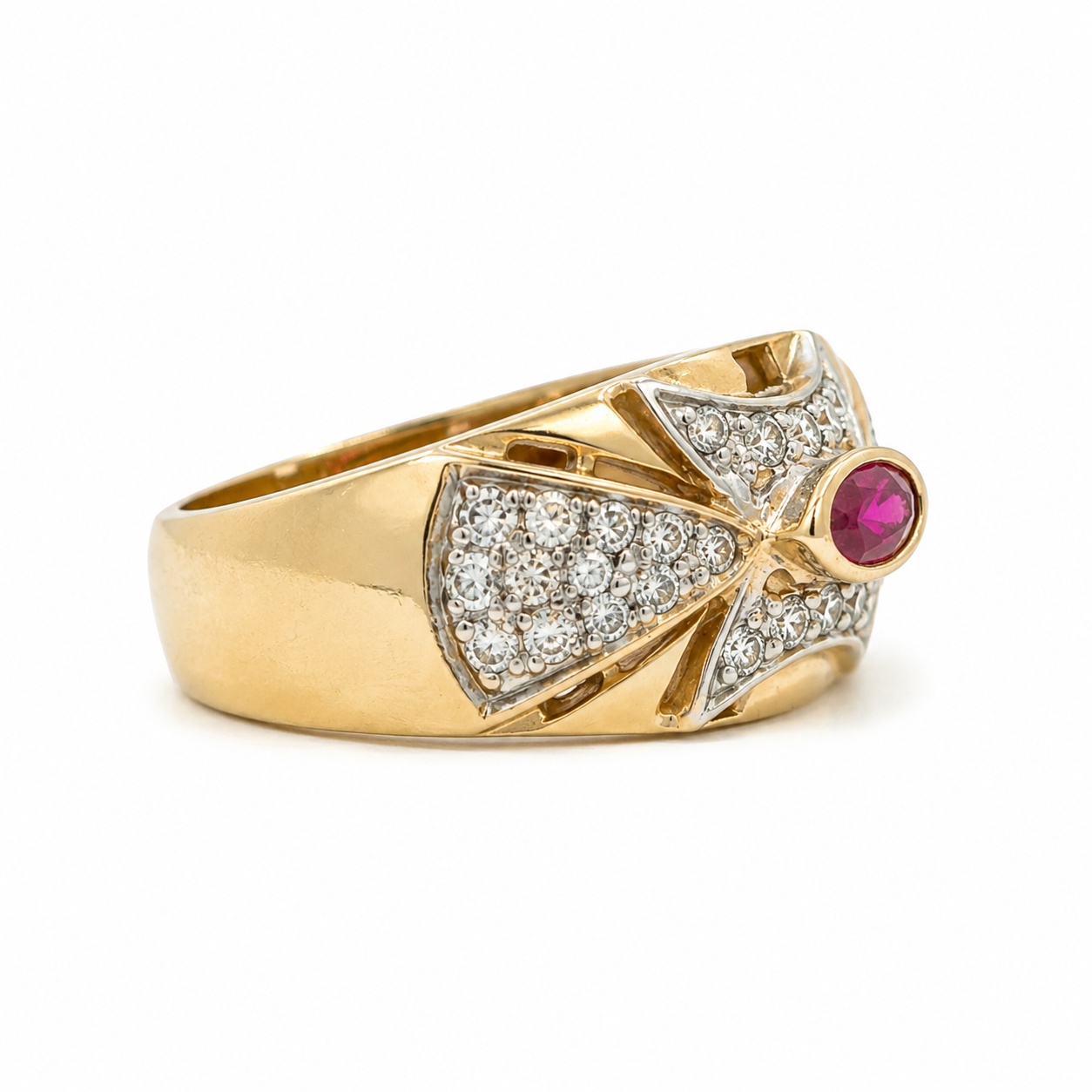14K Yellow Gold Marquise Ruby Diamond Vintage Cocktail Ring