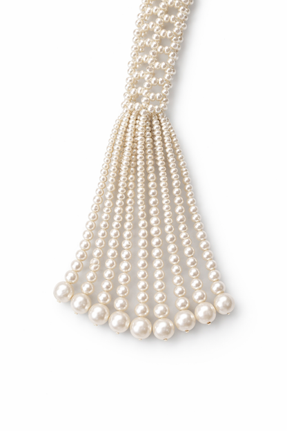 Vintage Seed Pearl Scarf Necklace with Tassel Fringe, 44” Long
