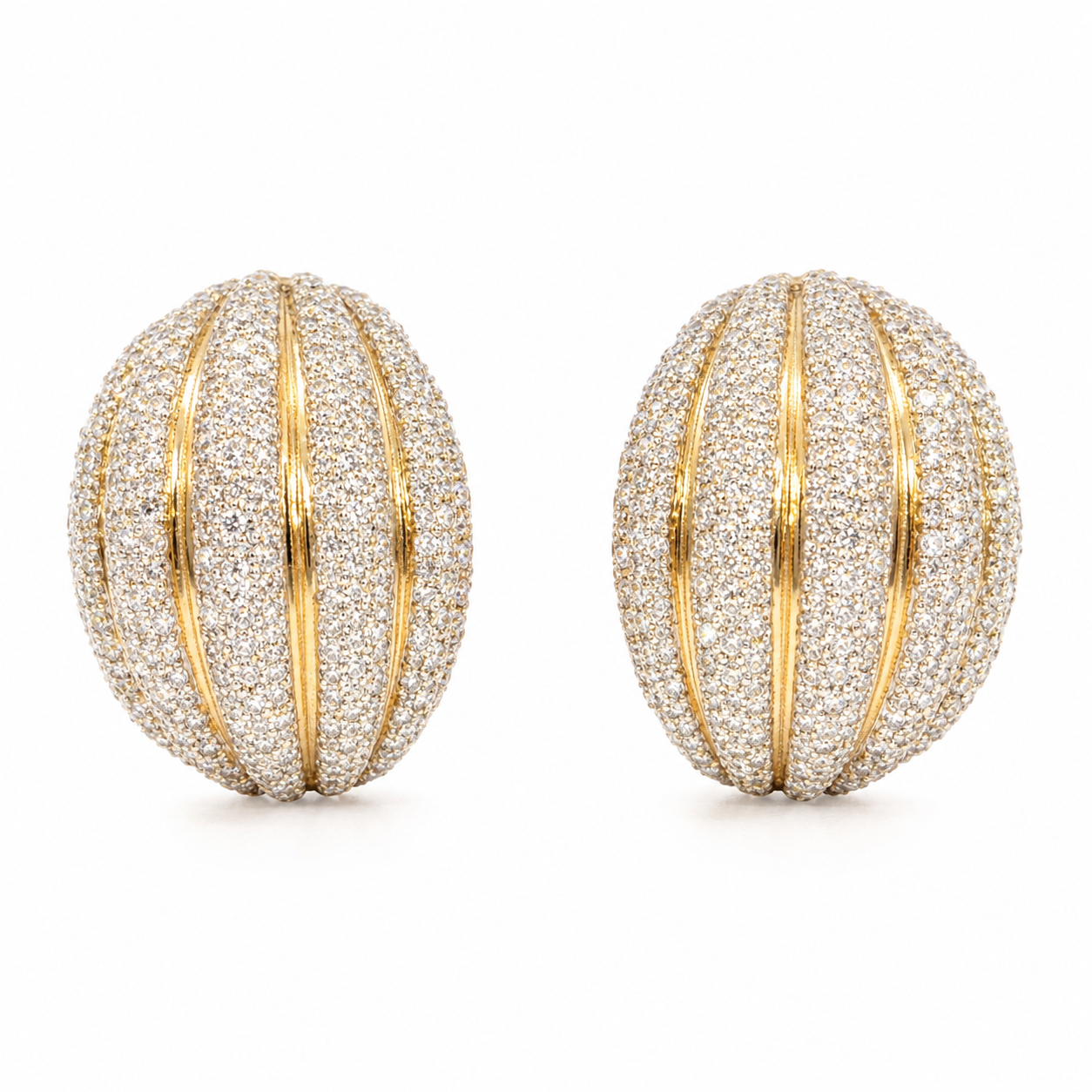 18K Yellow Gold Diamond Ribbed Dome Earrings