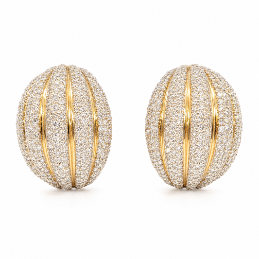 18K Yellow Gold Diamond Ribbed Dome Earrings