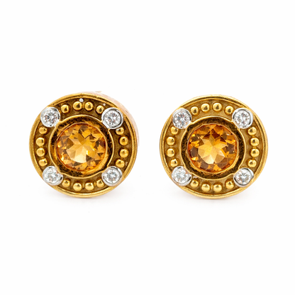 Vintage 18K Gold Round Citrine Earrings with Diamond Accents