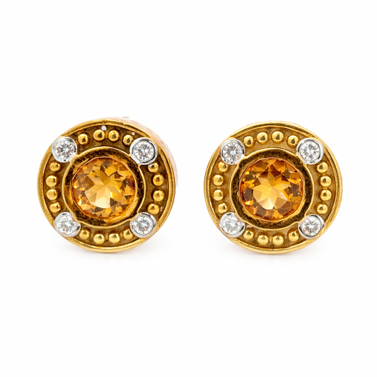 Vintage 18K Gold Round Citrine Earrings with Diamond Accents
