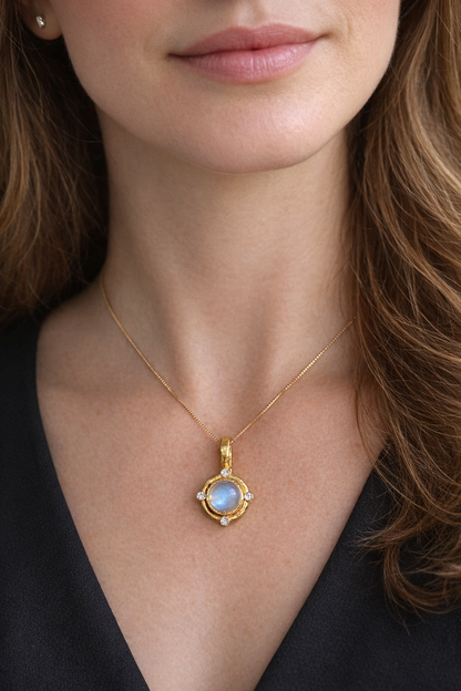 Moonstone & Diamond Pendant 18K Yellow Gold Textured Design with Hinged Bail