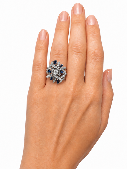 Mid-Century     18K White Gold Diamond & Sapphire Starburst Ring