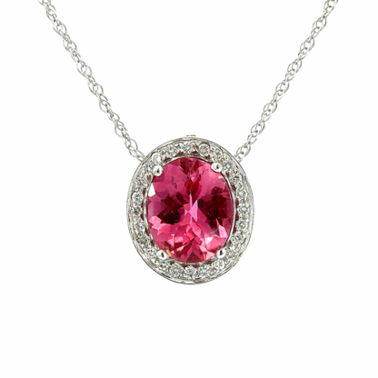 Pink Tourmaline & Diamond Halo Pendant Necklace in 14K White Gold