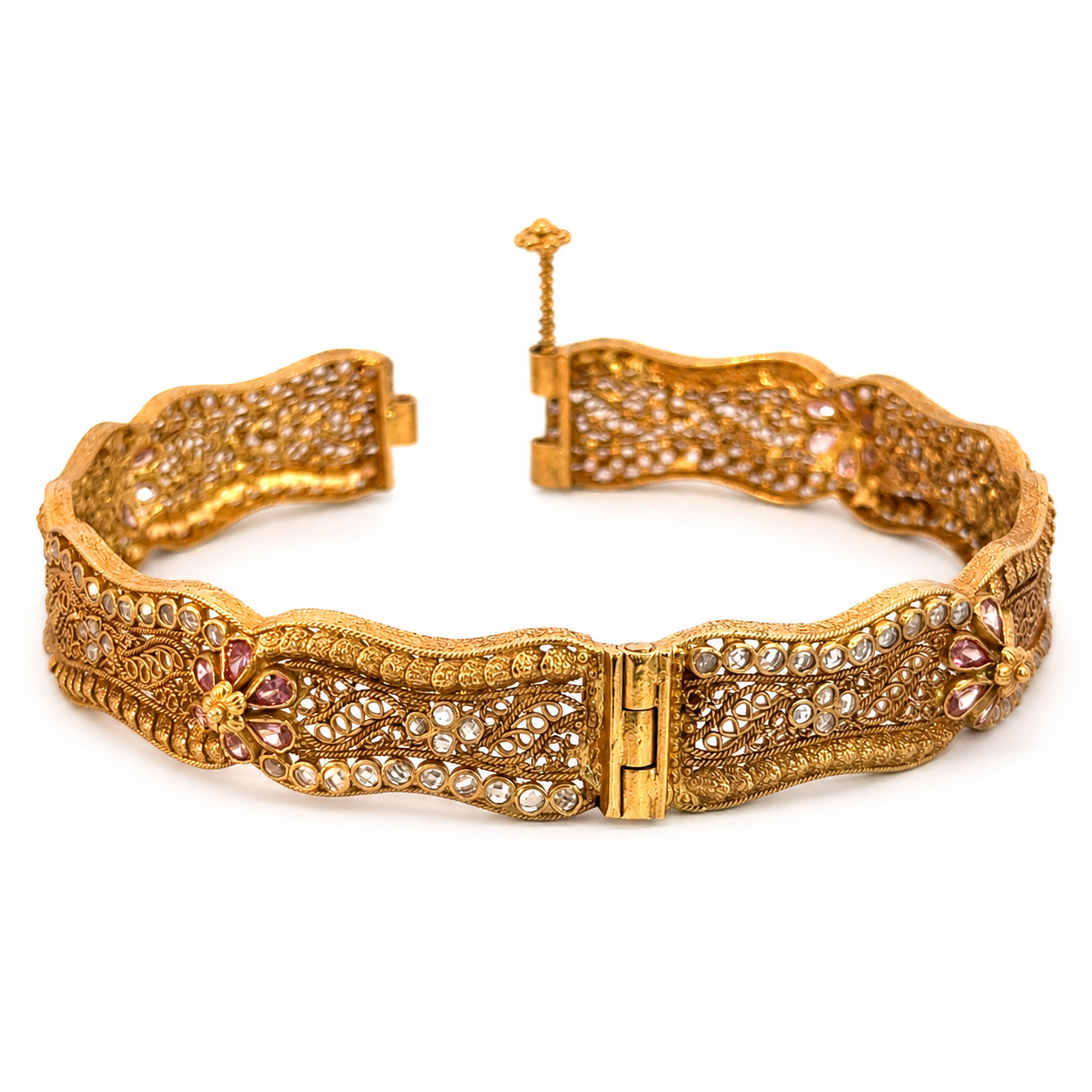 Vintage 22K Yellow Gold Filigree Bangle with Pink Swarovski Crystals & Cubic Zirconia