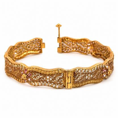 Vintage 22K Yellow Gold Filigree Bangle with Pink Swarovski Crystals & Cubic Zirconia