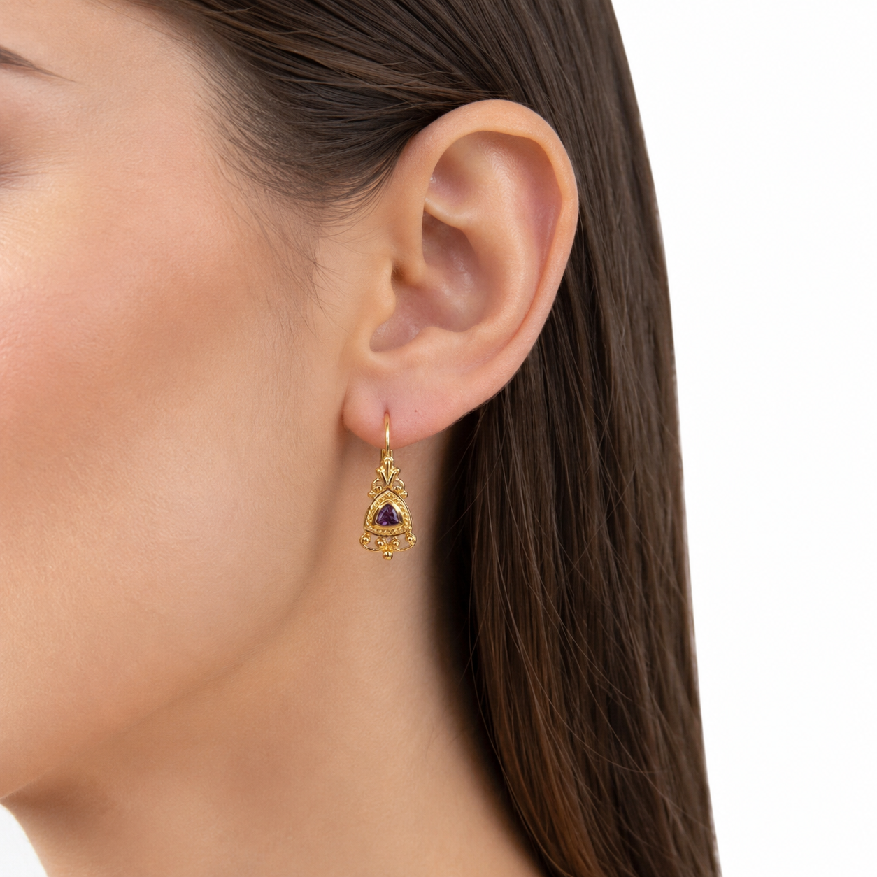 14K Yellow Gold Trillion-Cut Amethyst Ornate Drop Earrings