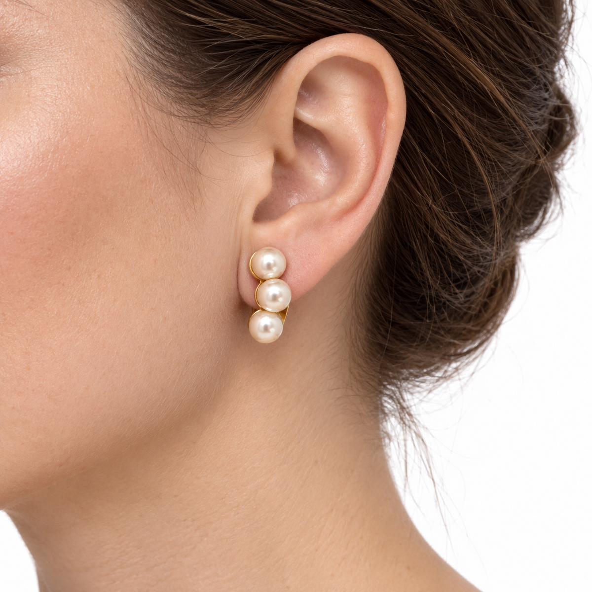 14K Yellow Gold Triple Pearl Curved Clip-On Earrings