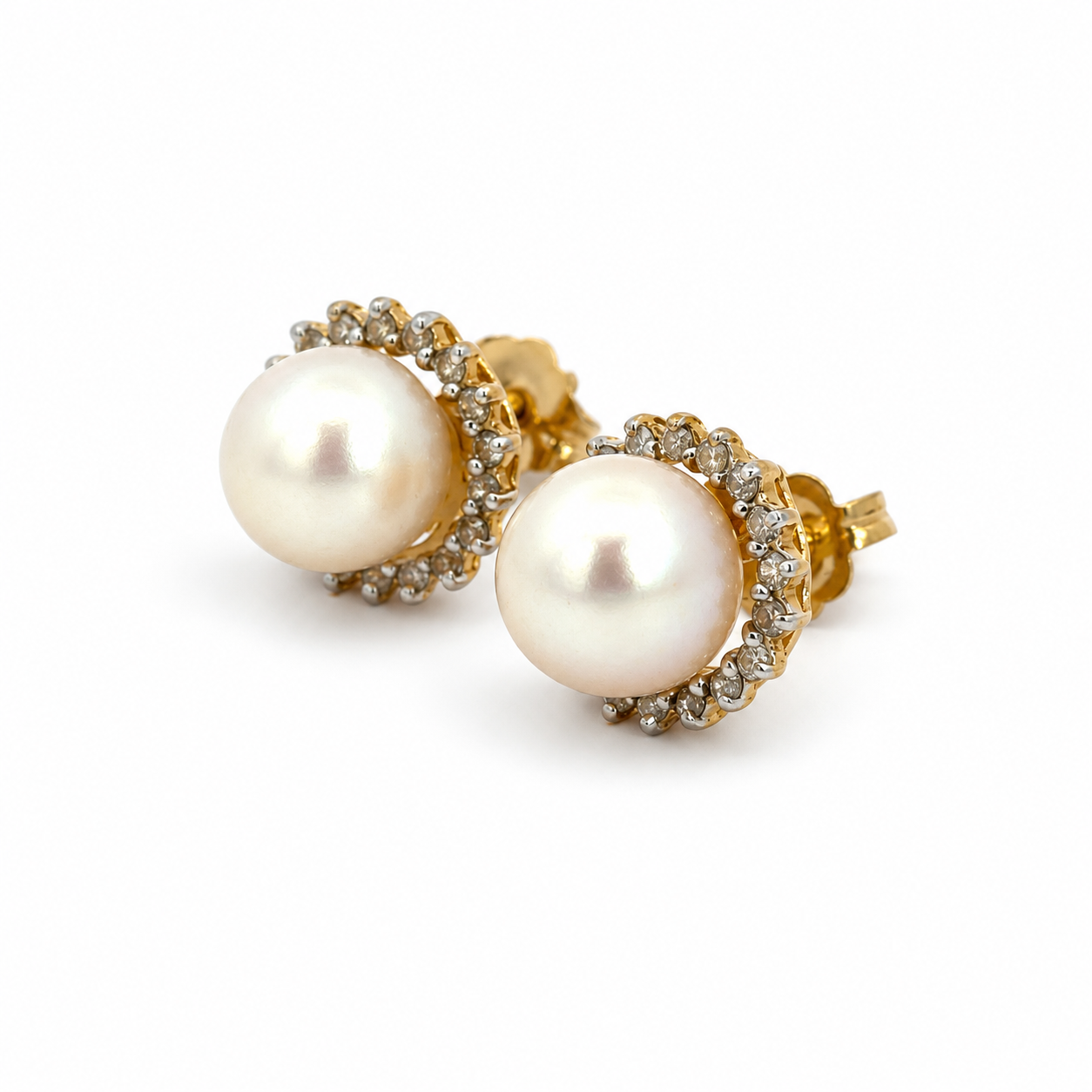 14K Yellow Gold Pearl & Diamond Halo Stud Earrings