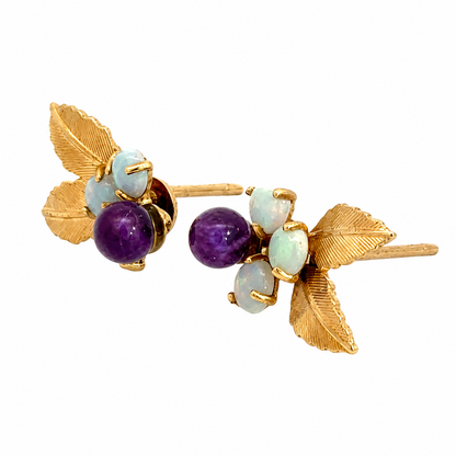 Vintage 14K Gold Opal & Amethyst Leaf Earrings
