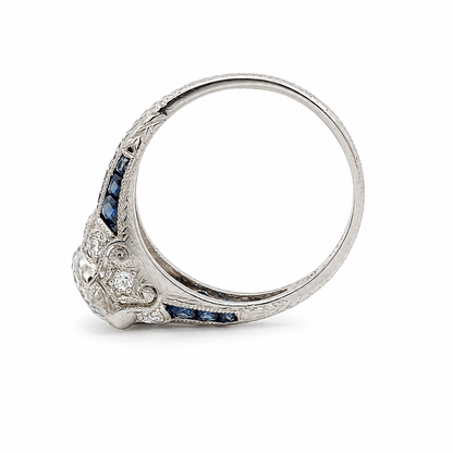 Antique Art Deco Platinum Old European Cut Diamond & Sapphire Engagement Ring