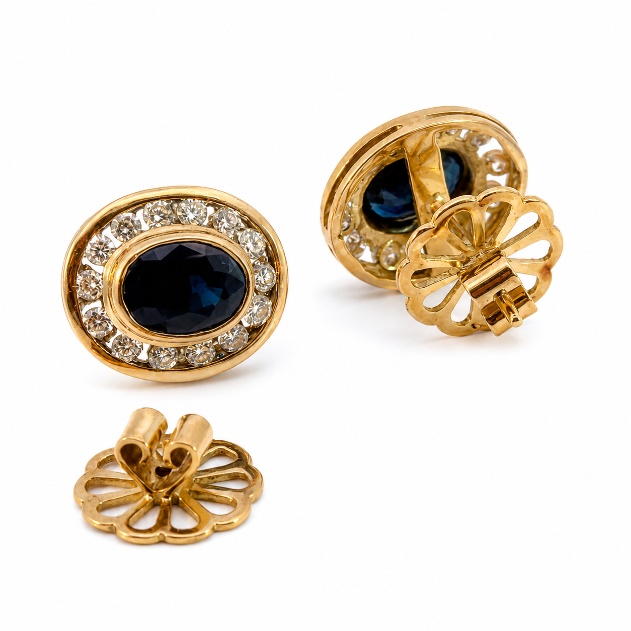 Dark Sapphire & Diamond Vintage Earrings in 18K Yellow Gold