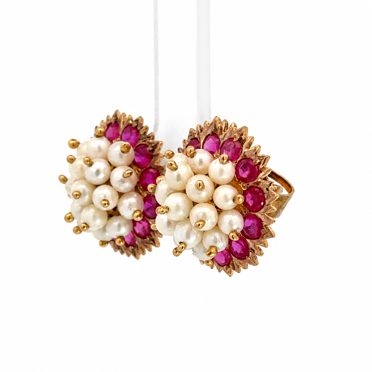 Vintage Retro 14K Rose Gold Ruby & Seed Pearl Floral Earrings