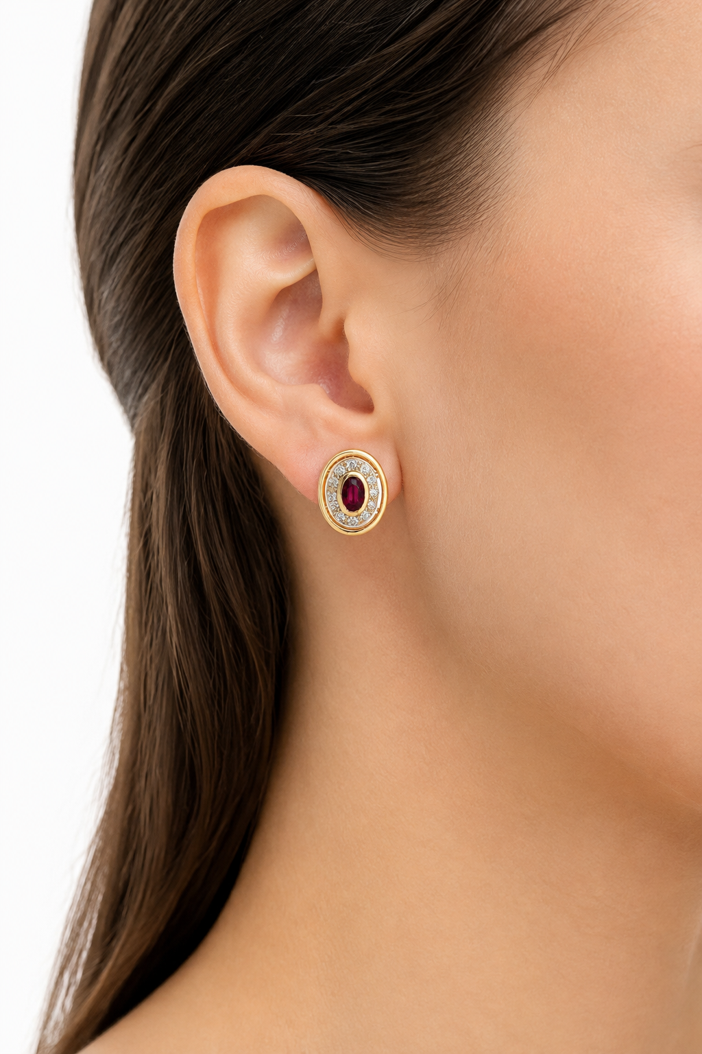 Vintage Magenta Ruby & Diamonds Oval Earrings in 18K Gold
