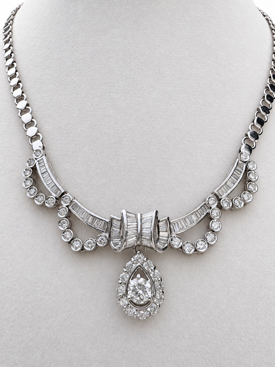 18K White Gold Diamond Swag Necklace with Teardrop Dangle — Approx. 4.84 CT, 16 Inches