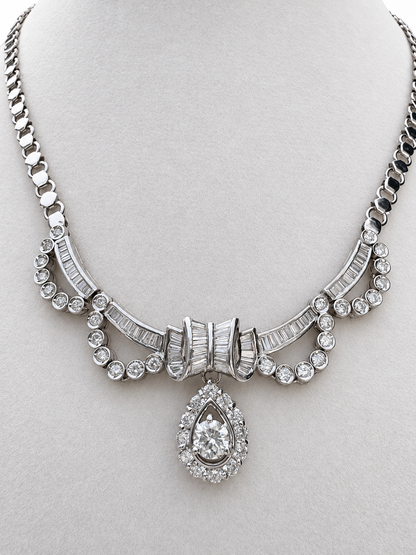 18K White Gold Diamond Swag Necklace with Teardrop Dangle — Approx. 4.84 CT, 16 Inches