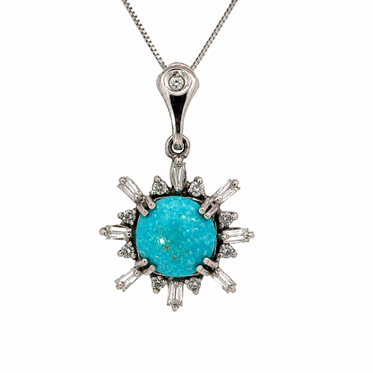Turquoise & Diamond Sunburst Pendant in 14K White Gold