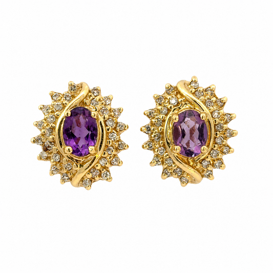 14K Yellow Gold Amethyst and Diamond Starburst Earrings