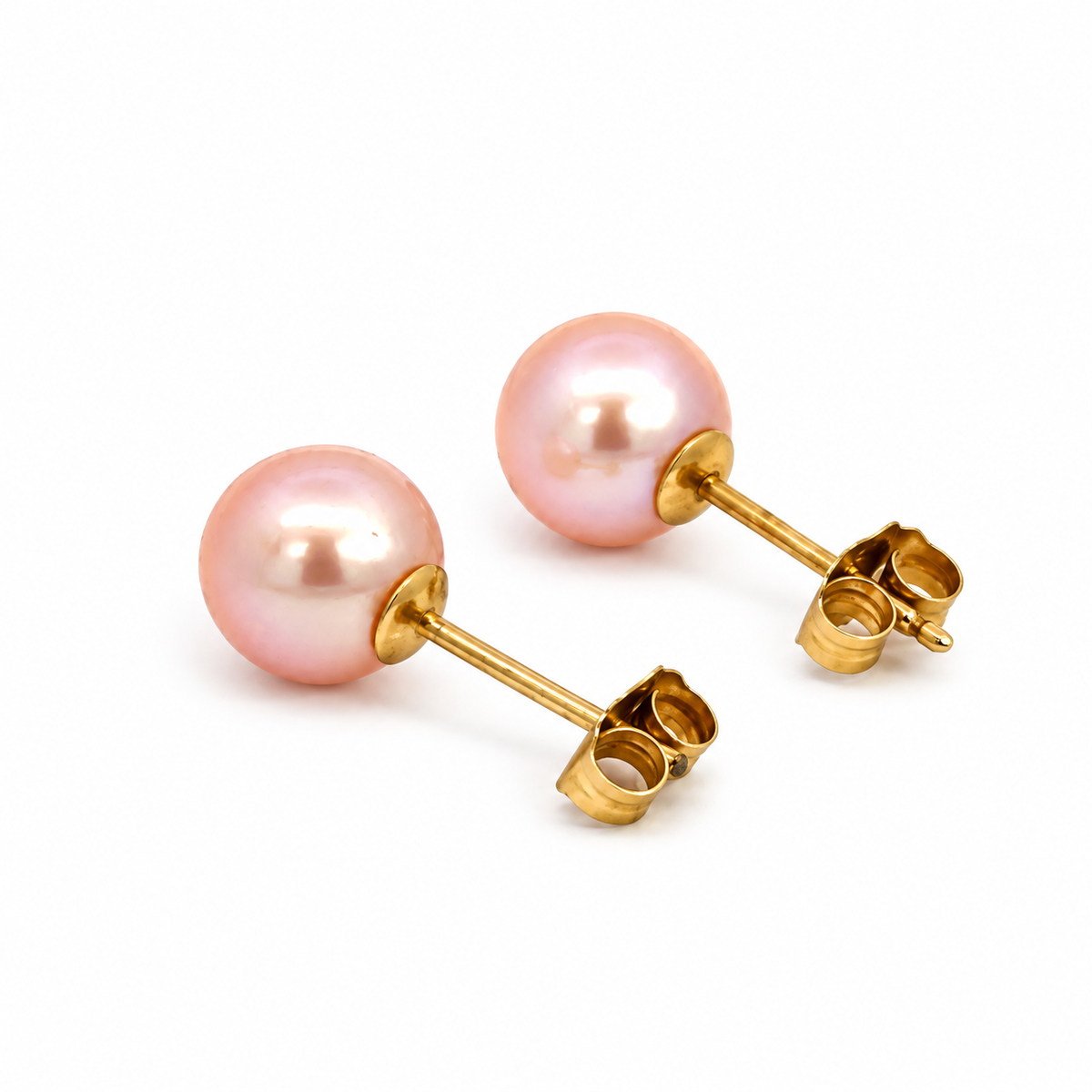 14K Yellow Gold 7mm Peachy Pink Pearl Stud Earrings