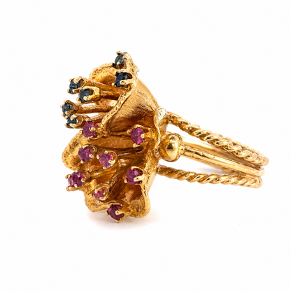 1960’s     Vintage 14K Gold Ruby & Sapphire Double Bloom Ring