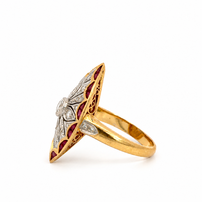 Vintage Art Deco–Style 14K Yellow Gold Ruby & Diamond Navette Ring