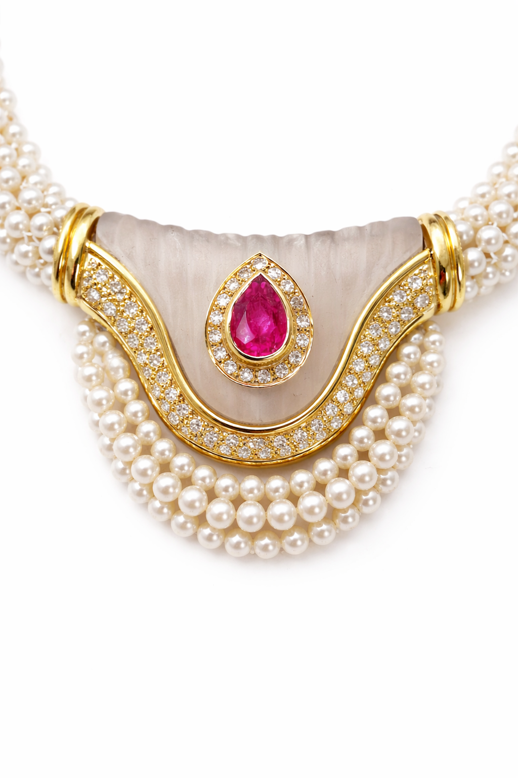 Vintage Pearl Necklace with Ruby & Diamonds 18K Pendant