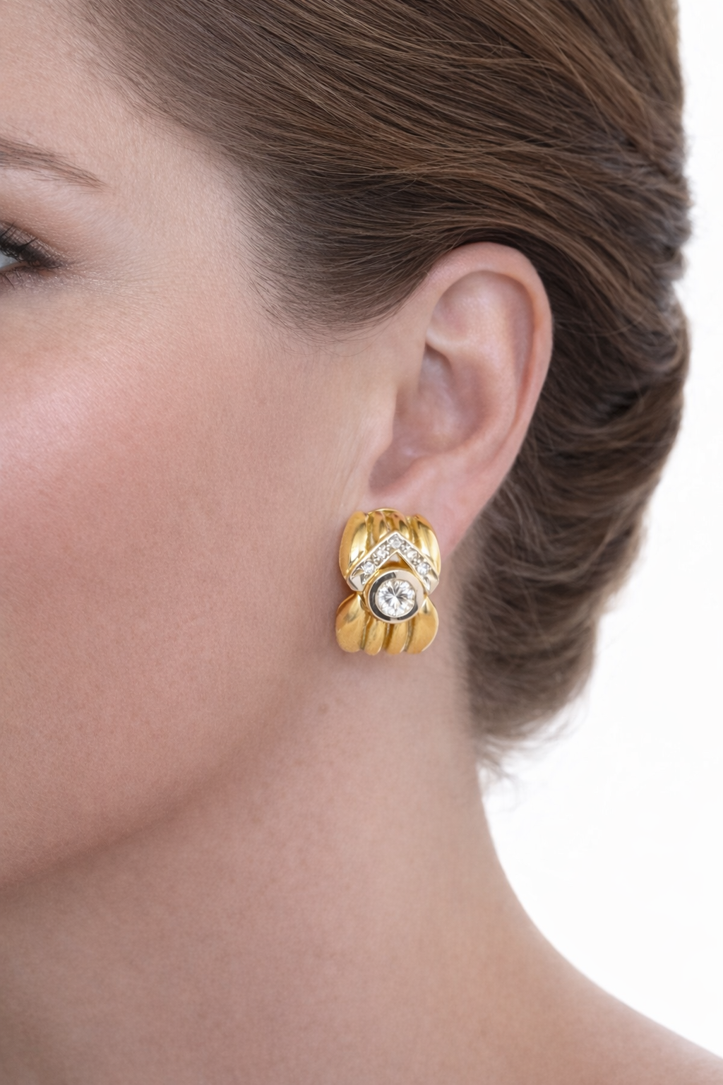 Vintage 18K Yellow Gold Diamond Half Hoop Earrings – 1960s