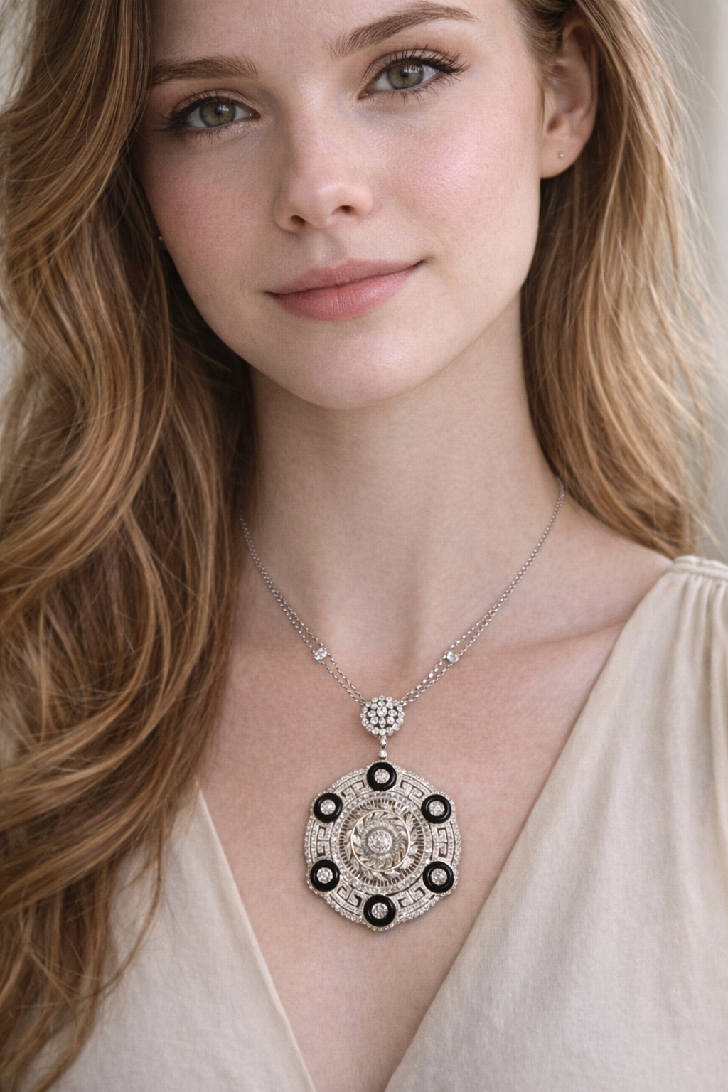 18K White Gold Diamond & Onyx Medallion Necklace