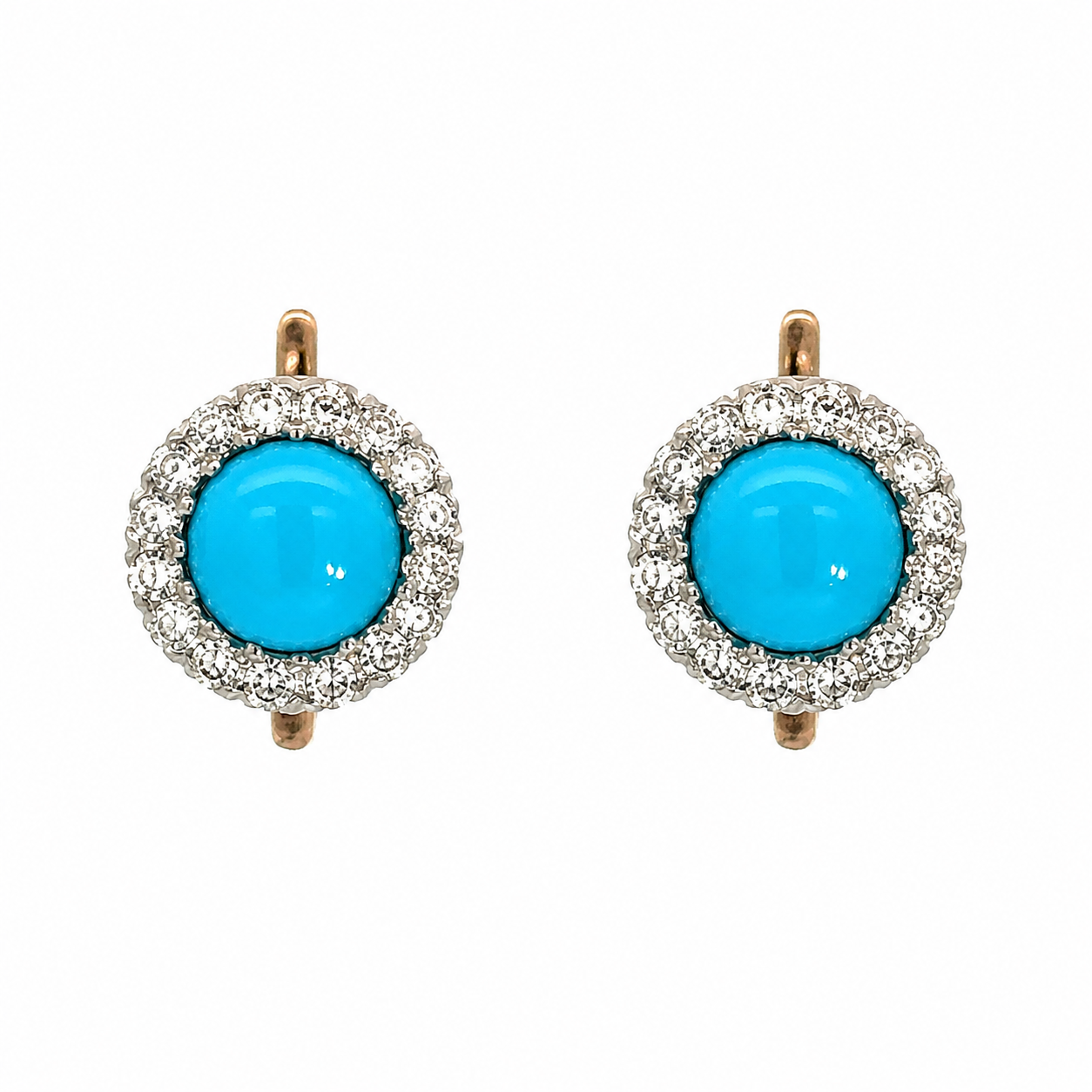 14K Two-Tone Gold Antique Turquoise & Diamond Halo Screw Back Earrings