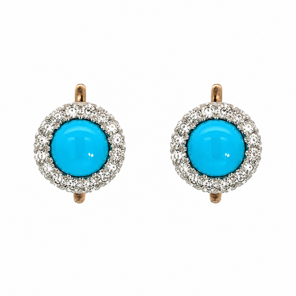 14K Two-Tone Gold Antique Turquoise & Diamond Halo Screw Back Earrings