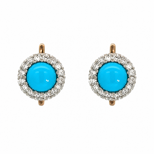 14K Two-Tone Gold Antique Turquoise & Diamond Halo Screw Back Earrings