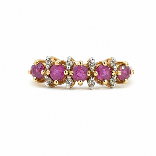 Vintage 14K Yellow Gold Ruby & Diamond Five-Stone Gold Ring
