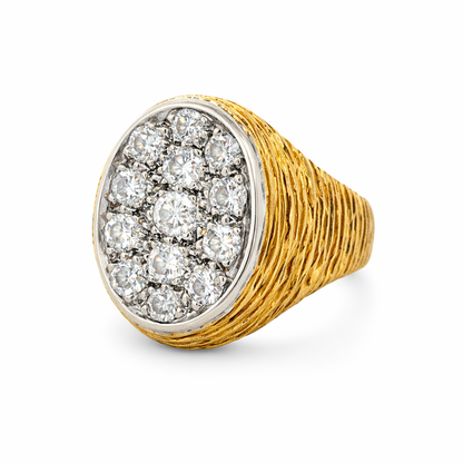 18K Yellow Gold Diamond Cluster Ring, 13 Round Diamonds, Ribbed Textured Band