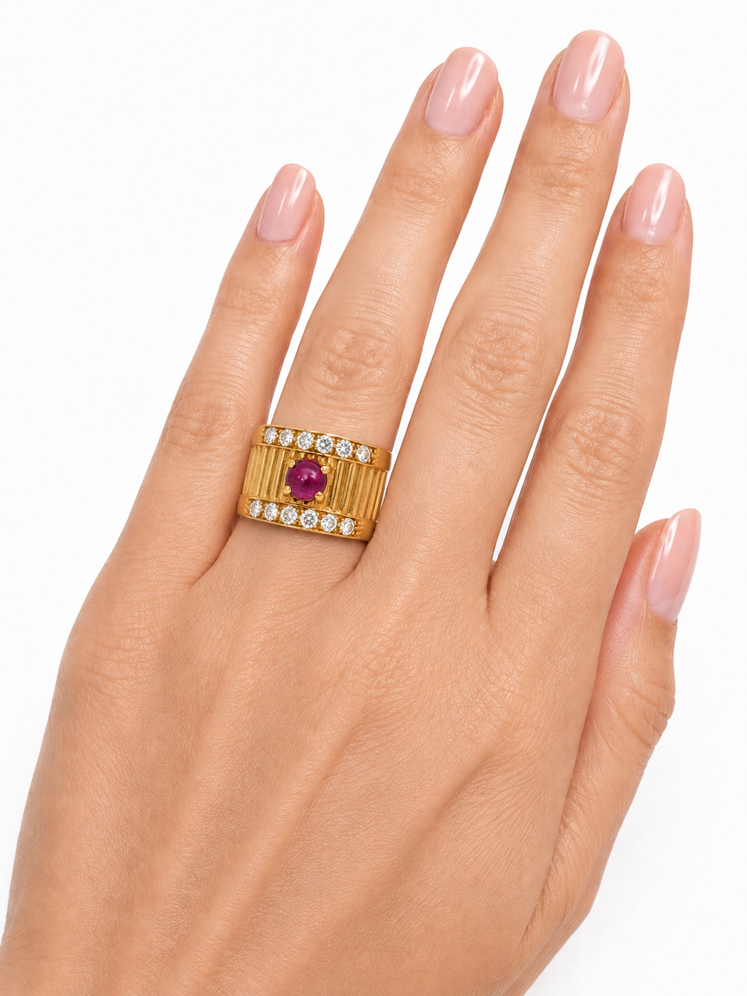 18K Yellow Gold Ribbed Ruby & Diamond Ring