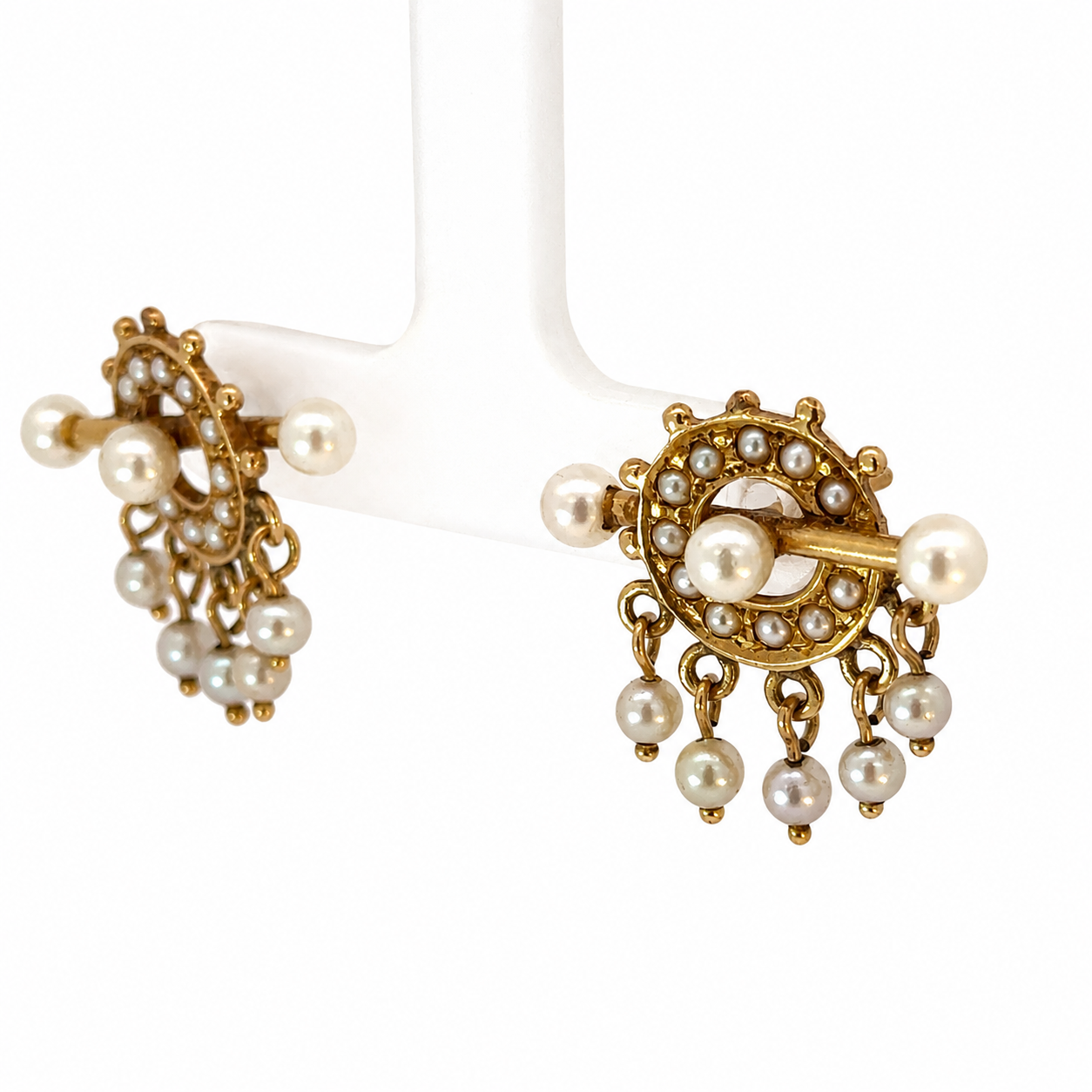 Estate 14K Gold & Seed Pearl Earrings | Unique Fringe Design